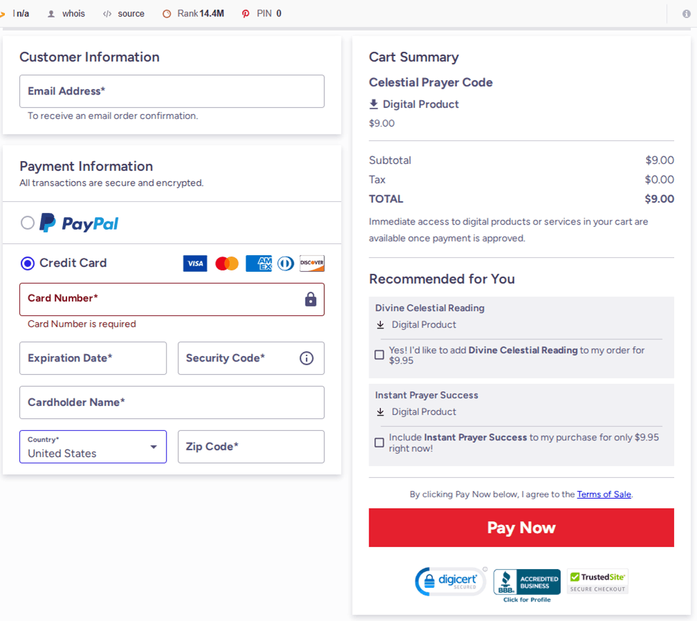 Celestial Prayer Code Checkout